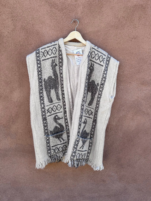 Wool Woven Long Vest with Llamas - Cotton Lined