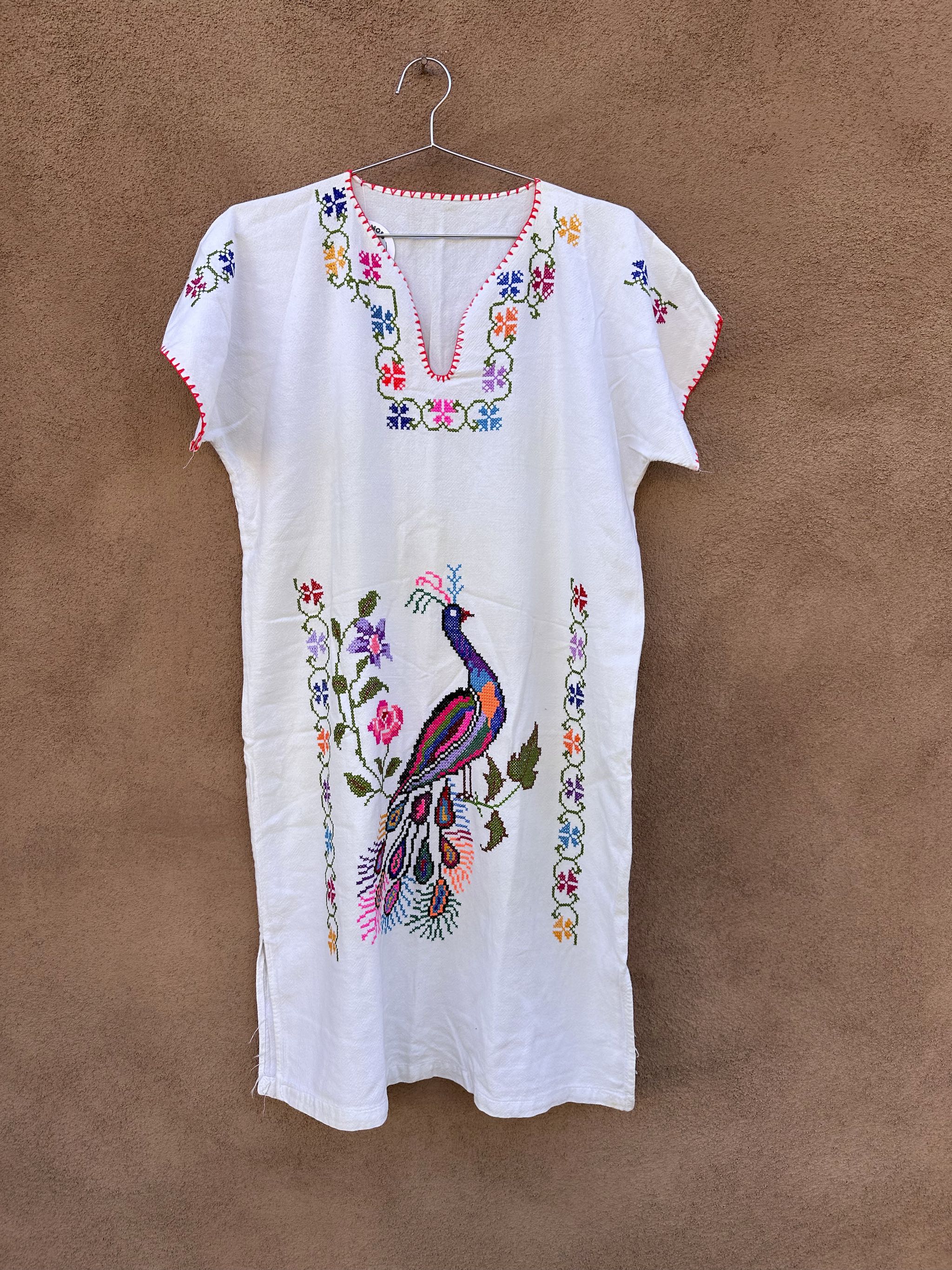 Vintage Embroidered Peacock Mexican Cotton Dress  DESERT MOSS VINTAGE