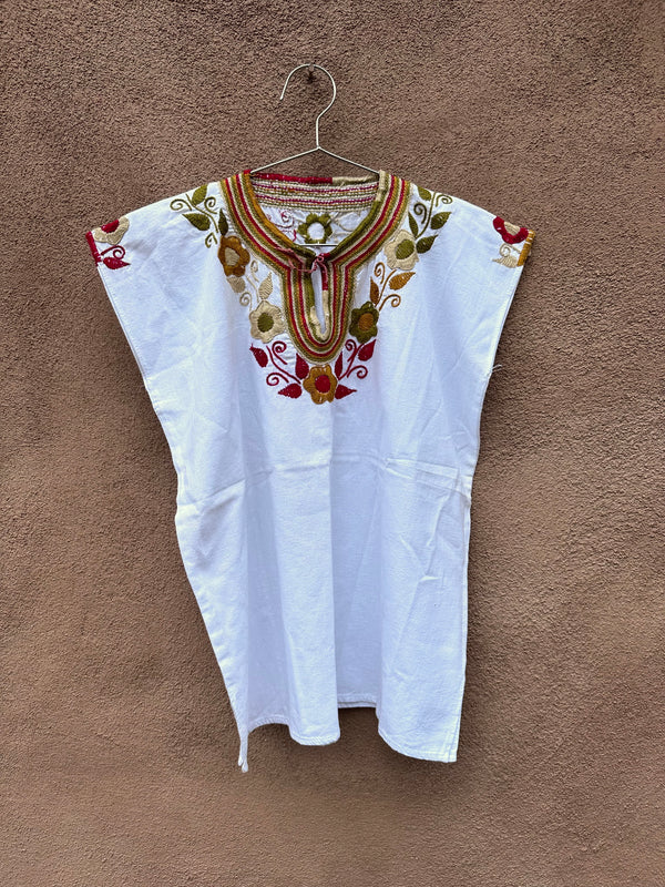 Sleeveless Puebla Blouse with Red, Green & Gold Embroidery