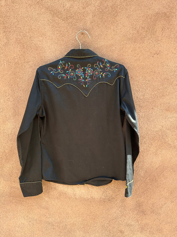 Black Panhandle Slim Blouse with Colorful Embroidery & Gold Piping