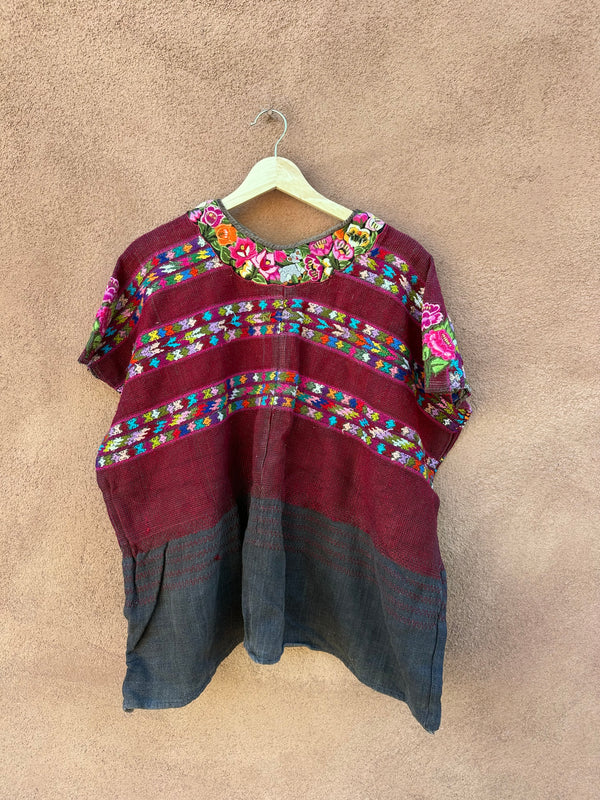 Raspberry & Gray Embroidered Floral Poncho
