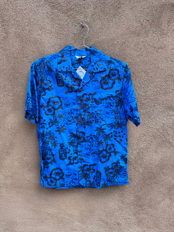 Blue with Gold 70's Button Up Hawaiian Shirt