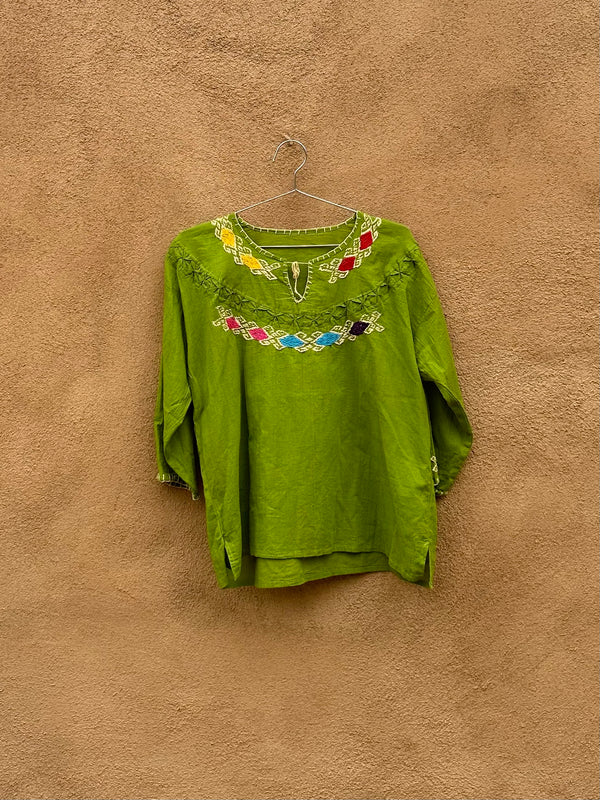 Green Blouse with Colorful Embroidery