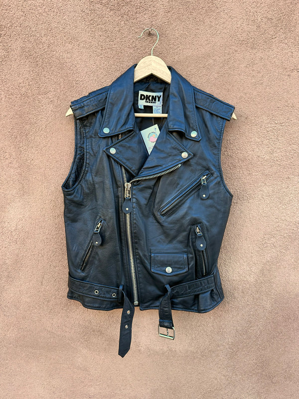 90's DKNY Black Leather Biker Style Vest