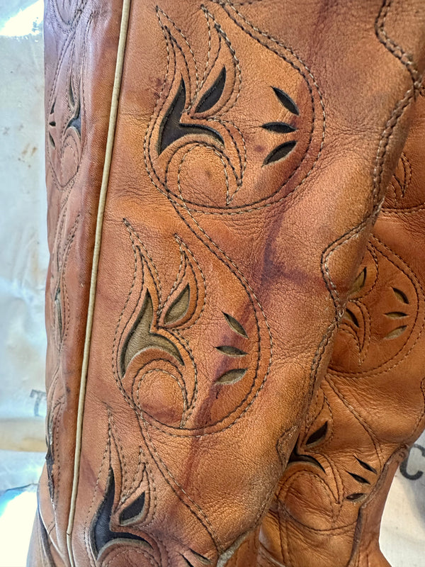 1970's ACME Tall Brown Boots with Floral Inlay - 7A