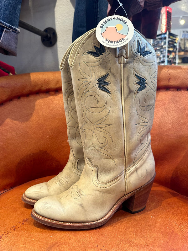 Cream ACME Tall Leather Heel Boots with Blue & Gray Detail