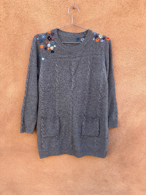 Gray Wool (Blend?) Sweater with Pockets & Floral Embroidery