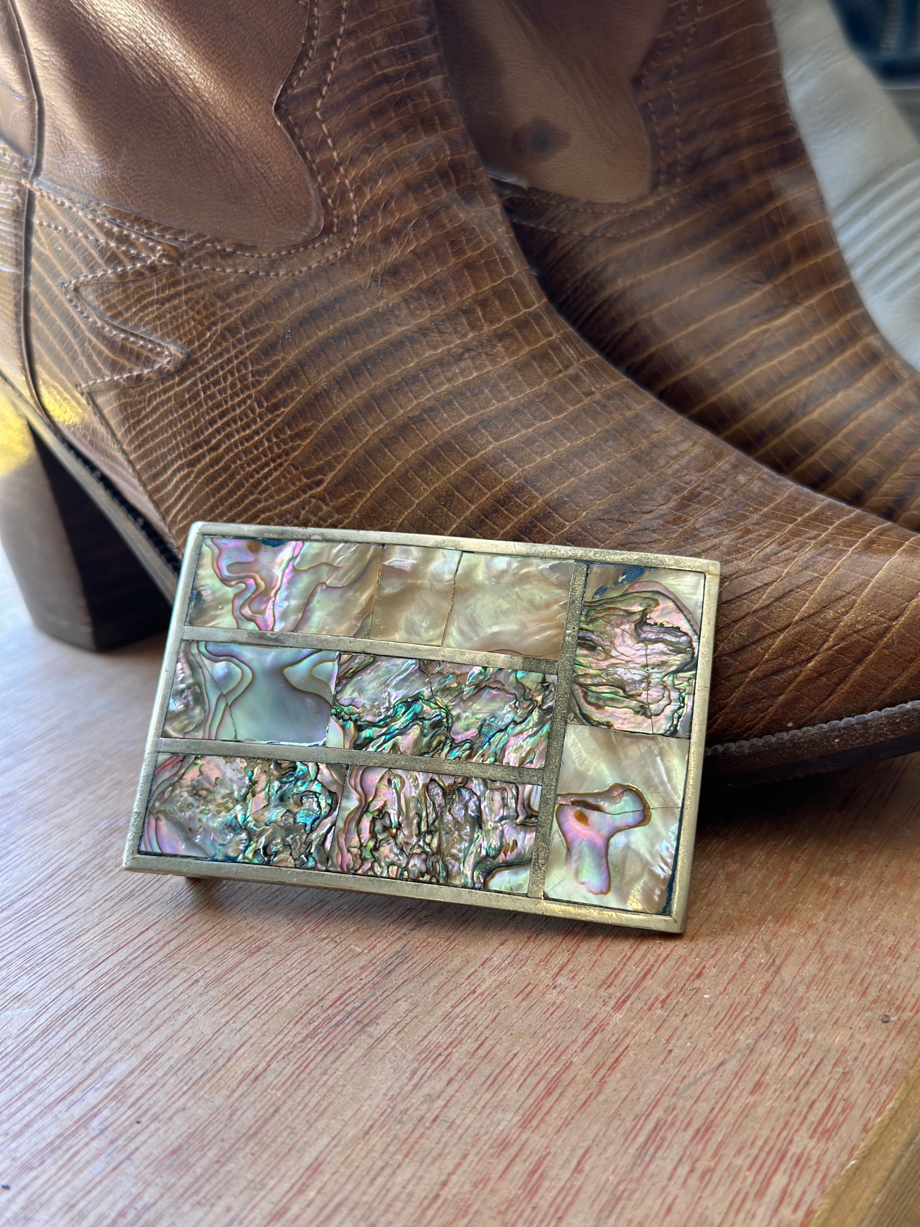 Silver Rectangular Belt Buckle with Cactus Design Mexican Mother Of Pearl In Lay Nopal Cactus Belt Buckle – Clementine & Co. Jewelry main image 2