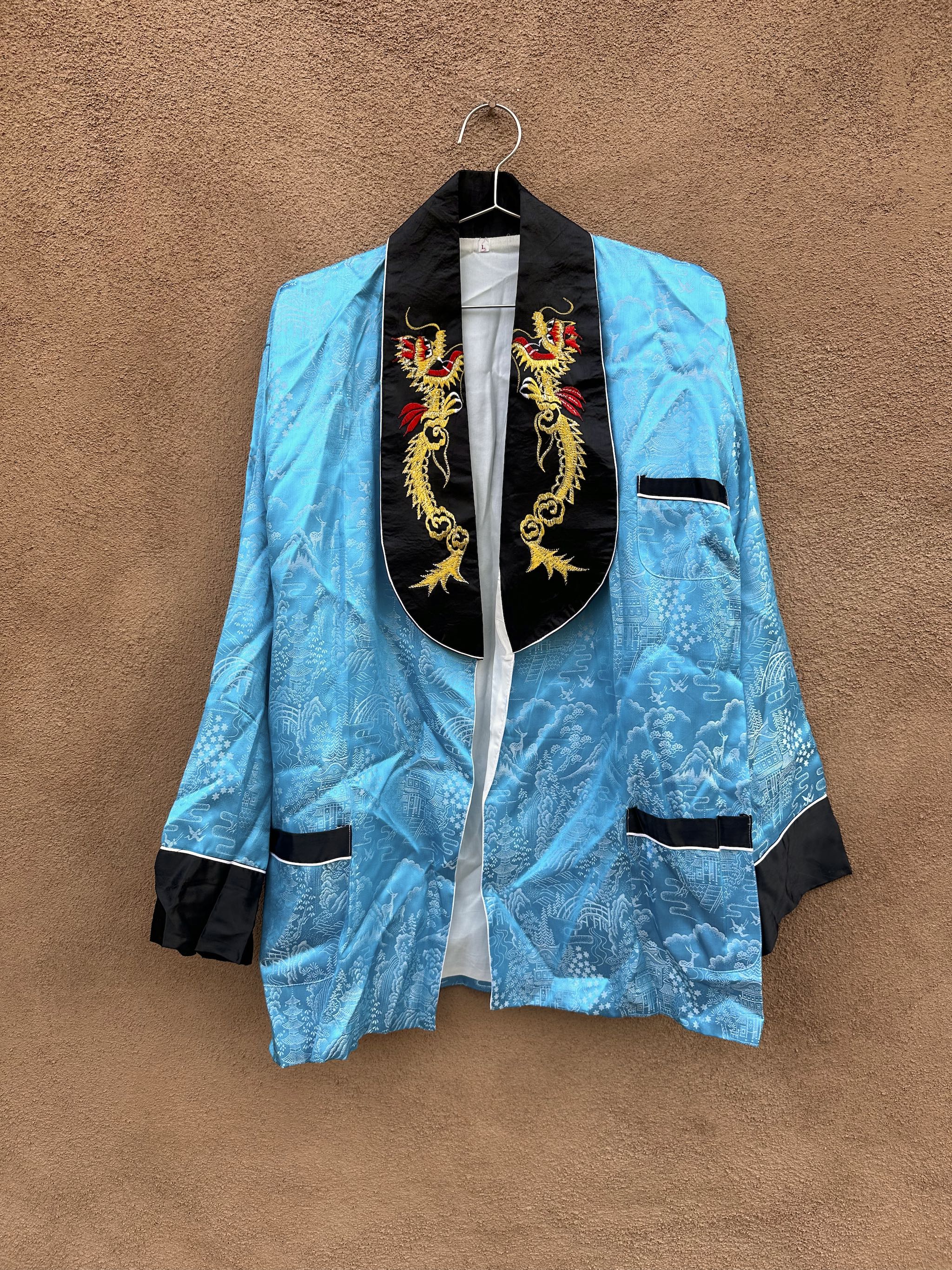 Vintage Blue Silk Traditional Chinese Robe with Golden Dragons