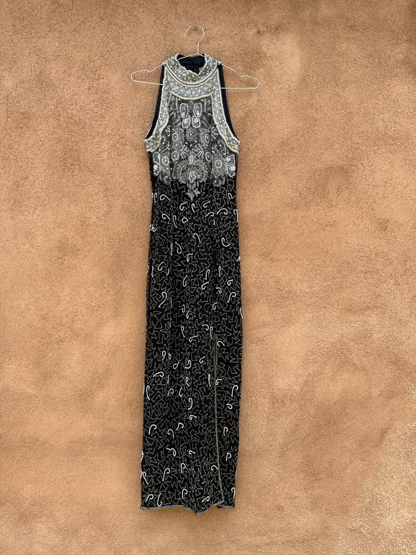 Black and White Lawrence Kazar Beaded Silk Dress