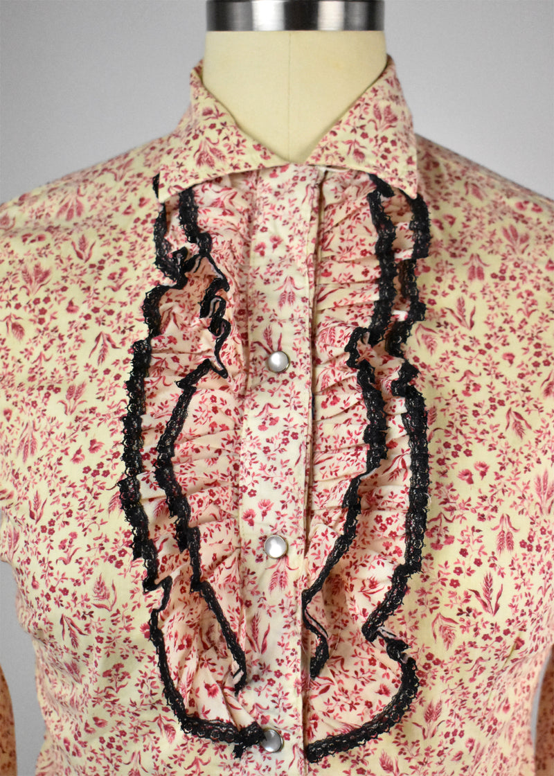 Western Blouse with Pleated Button Stand Detail, Floral Print and Pearl Button Snaps