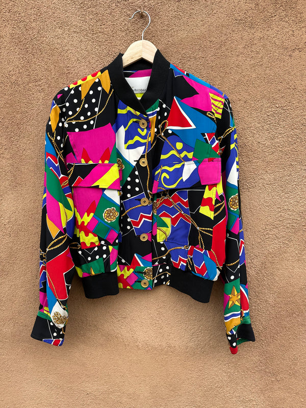 Crazy 80's Print Silk Bomber Jacket by Dana Buchman