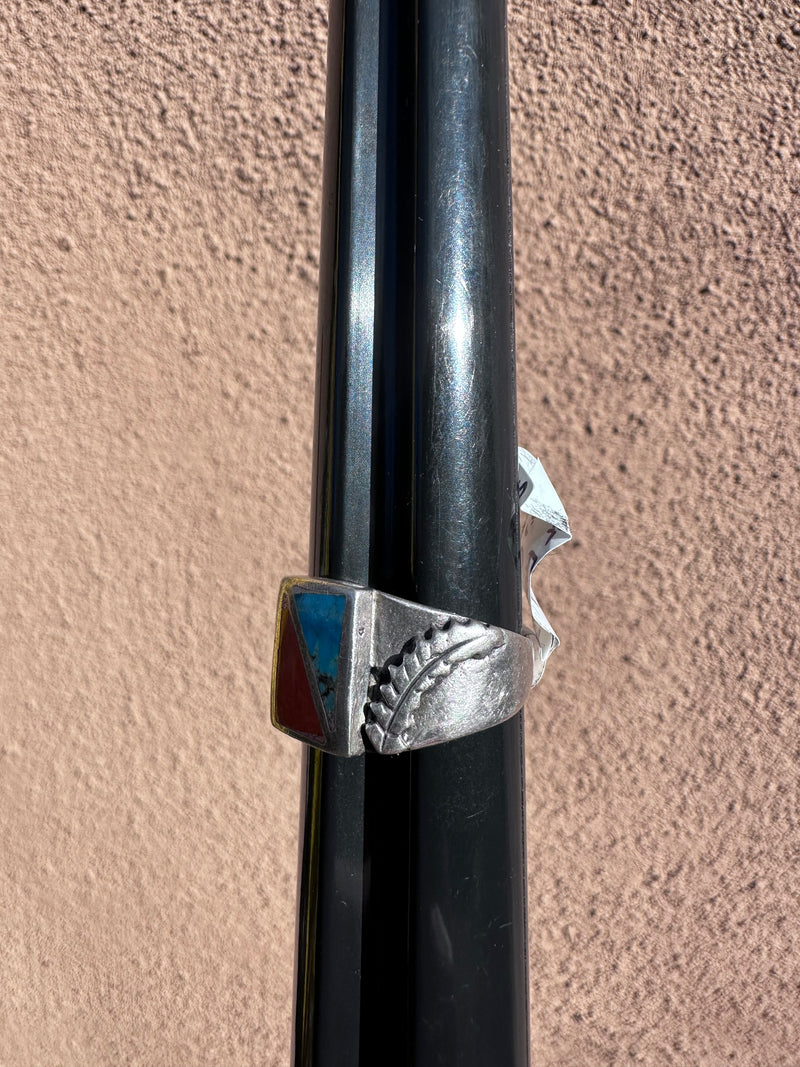 Silver Feather, Turquoise and Coral Ring