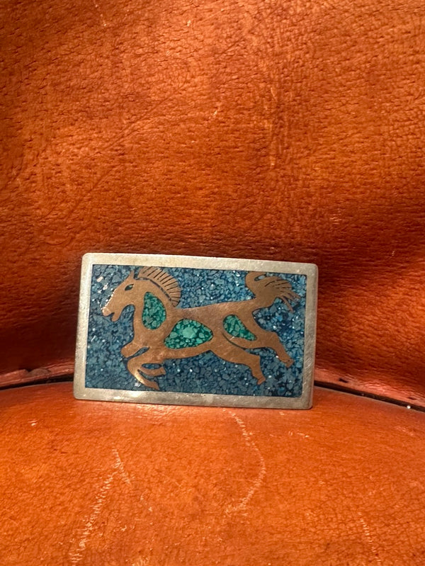 Silver, Brass and Turquoise Flake Horse Belt Buckle