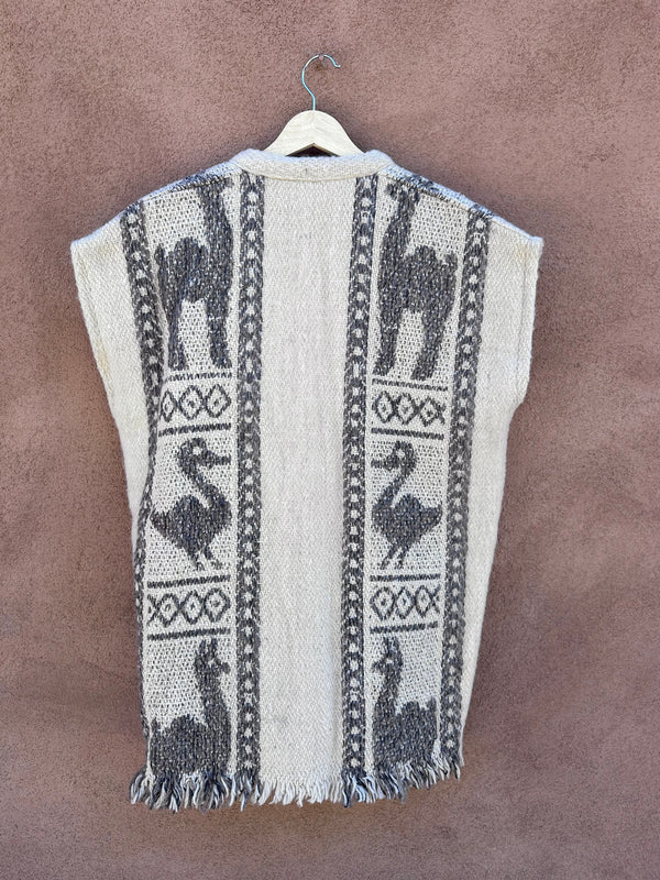 Wool Woven Long Vest with Llamas - Cotton Lined