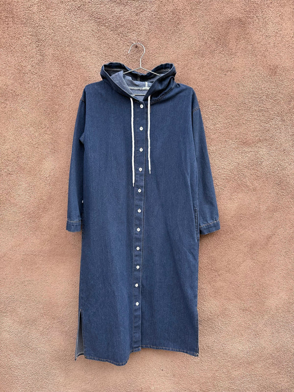 Hooded Button Up Denim Coat - Long