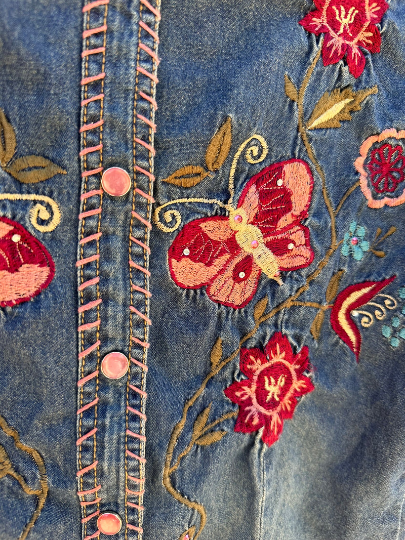 Embroidered Butterfly & Flowers Denim Cowgirl Blouse