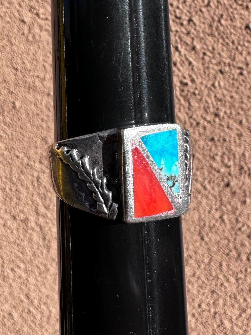 Silver Feather, Turquoise and Coral Ring