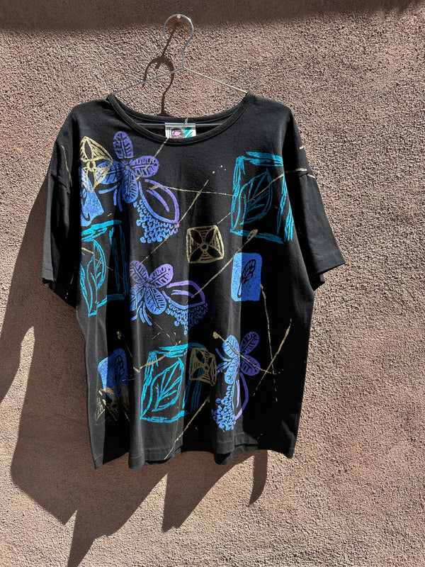 1980's Black, Gold and Purple Floral T-shirt, East Beach Club