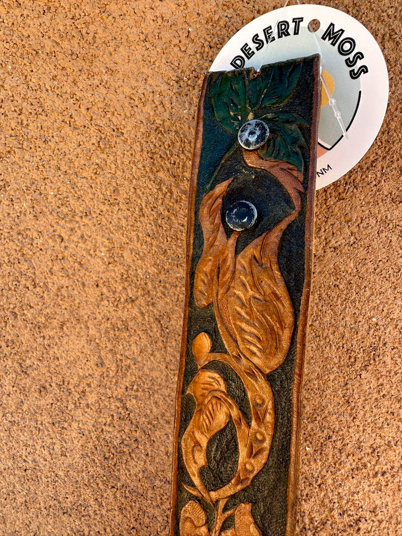Black and Brown Hand Tooled Floral Leather Belt - as is