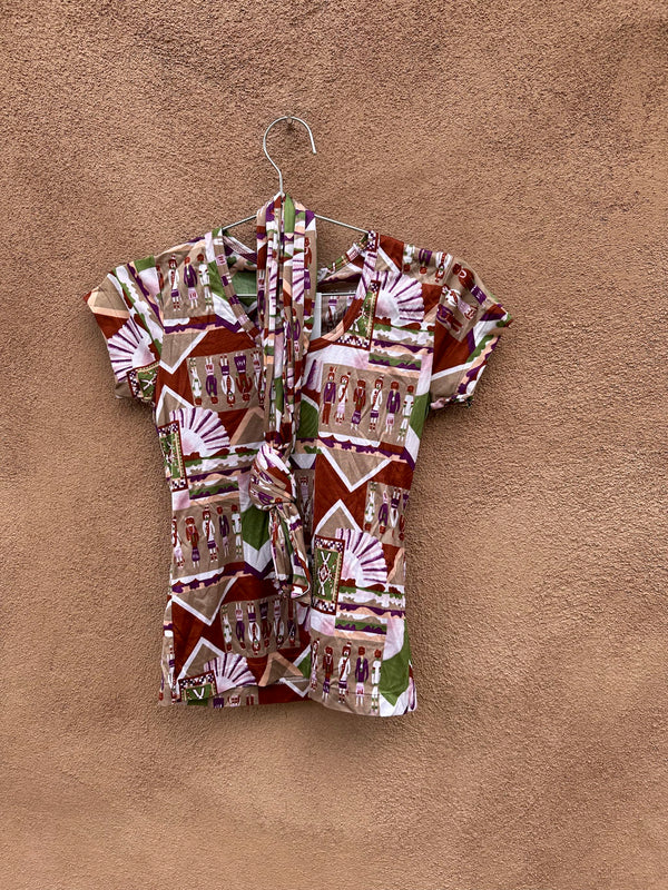 Vicki Volts Native American Print Top with Tie Accessory