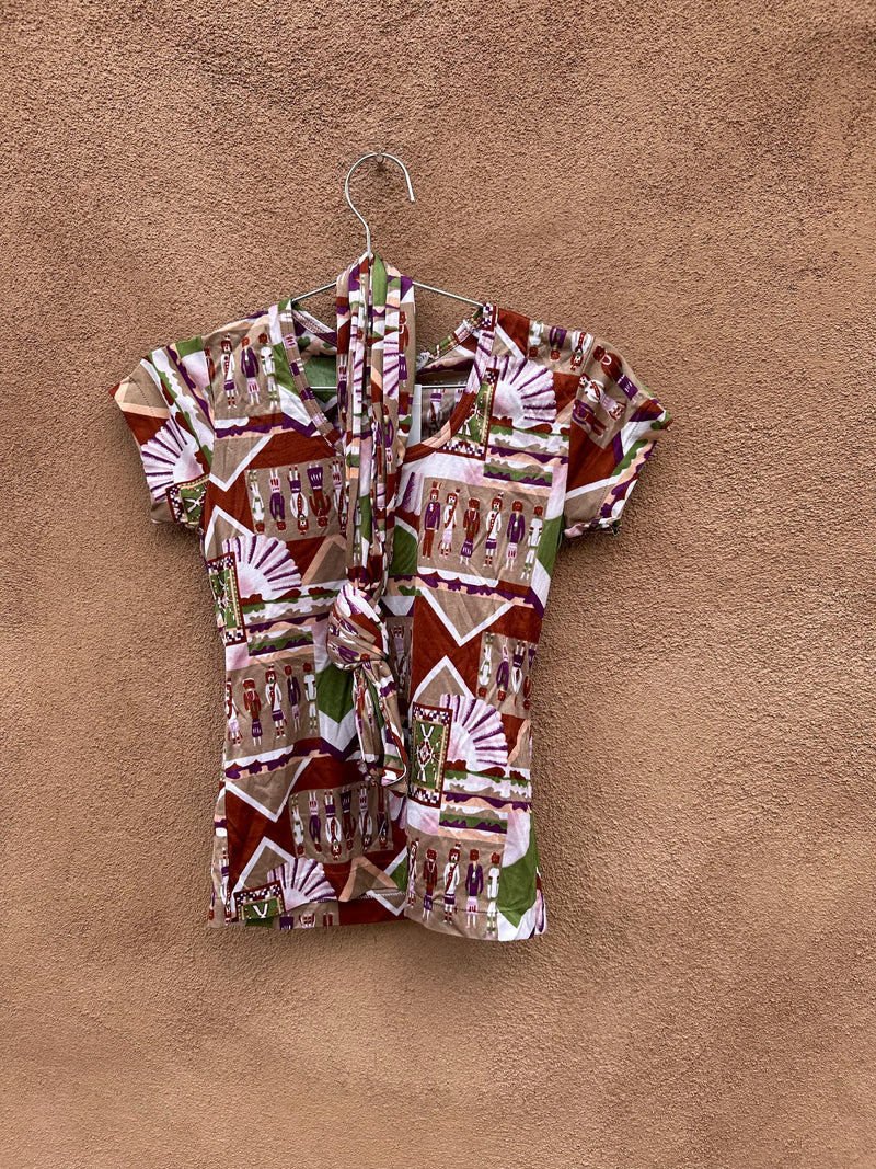 Vicki Volts Native American Print Top with Tie Accessory