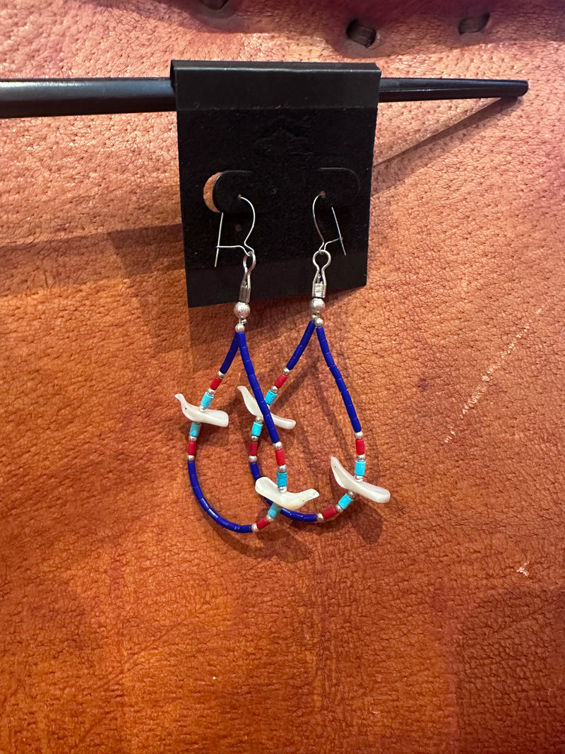 Bird Fetish, Lapis, Coral, and Turquoise Sterling Silver Earrings