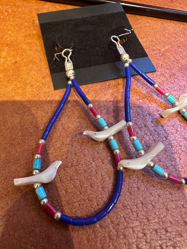 Bird Fetish, Lapis, Coral, and Turquoise Sterling Silver Earrings