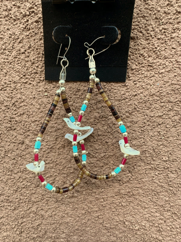 Bird Fetish, Coral, and Turquoise Sterling Silver Earrings