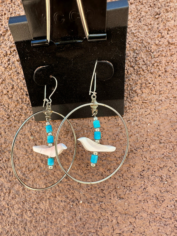 White Bird Fetish & Turquoise Sterling Silver Earrings