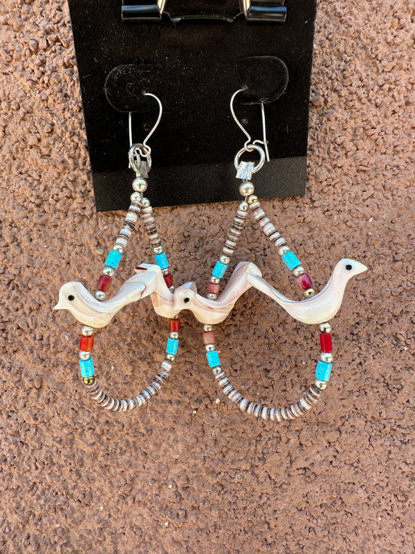 Large Bird Fetish, Coral, and Turquoise Sterling Silver Earrings