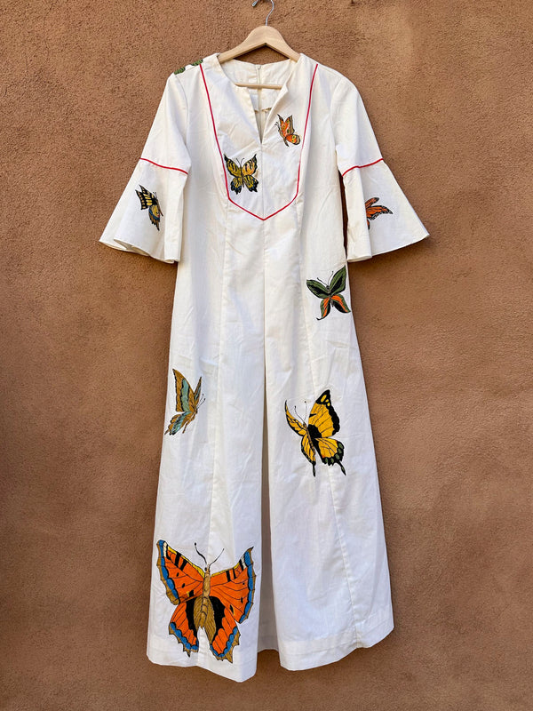 1970's Hand Painted Butterfly Maxi Dress by Ben Lee of California