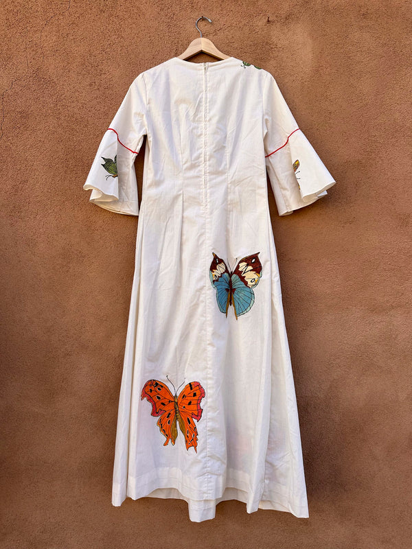 1970's Hand Painted Butterfly Maxi Dress by Ben Lee of California