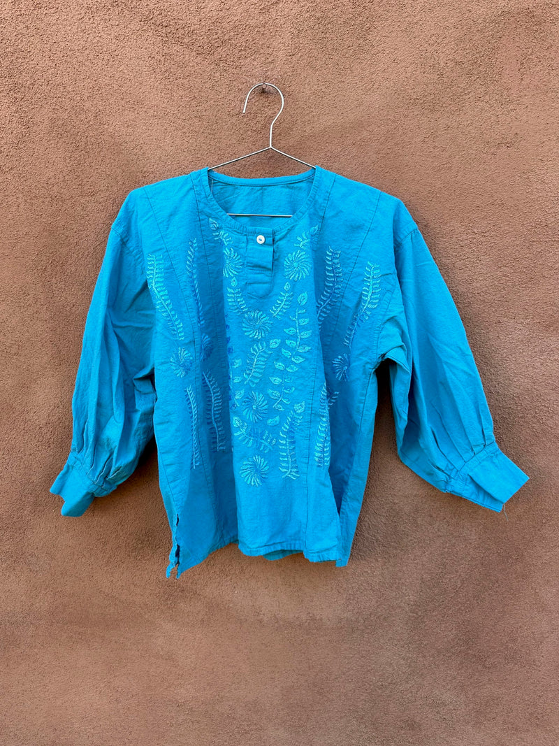 Embroidered Blue Boho Cotton Blouse