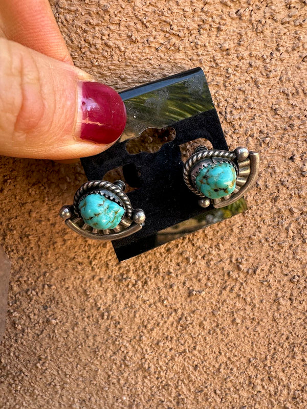 Sterling Silver and Turquoise Diné Fans Screwback Earrings