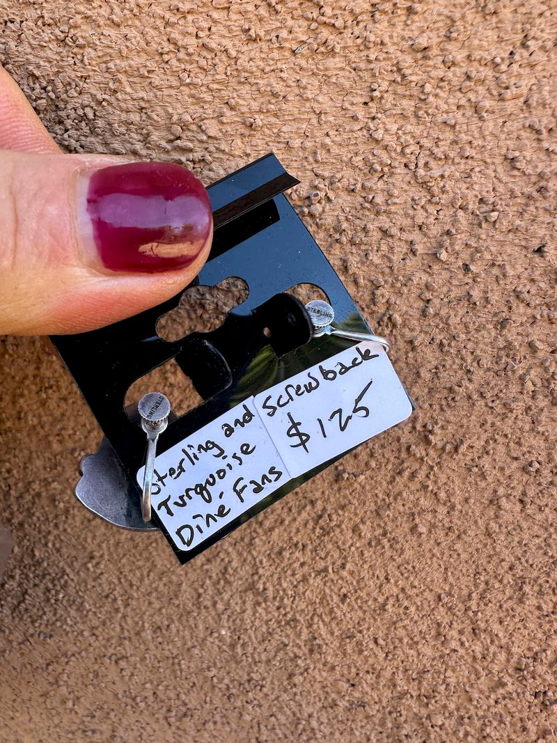 Sterling Silver and Turquoise Diné Fans Screwback Earrings
