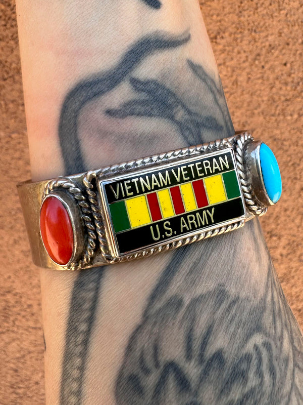 Dave Pino Vietnam Vet Cuff, Sterling Silver, Coral & Turquoise