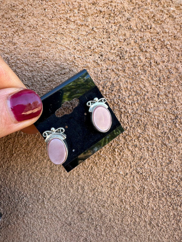 Pink Mother of Pearl Cabochon Sterling Silver Earrings