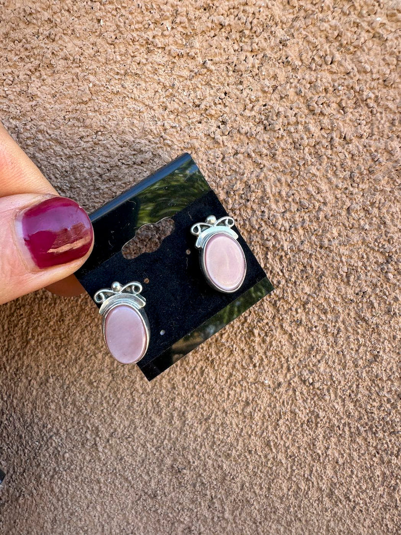 Pink Mother of Pearl Cabochon Sterling Silver Earrings