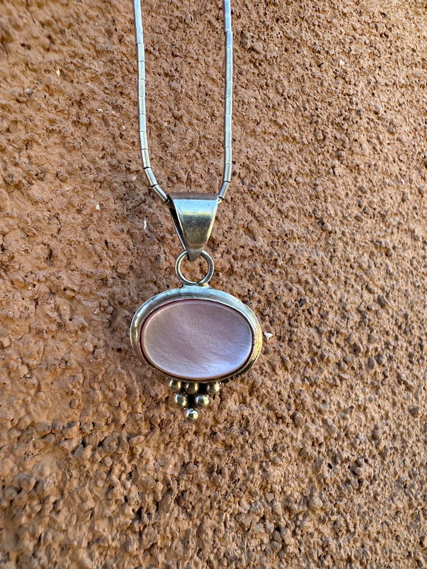 Pink Mother of Pearl Cabochon Sterling Silver Necklace