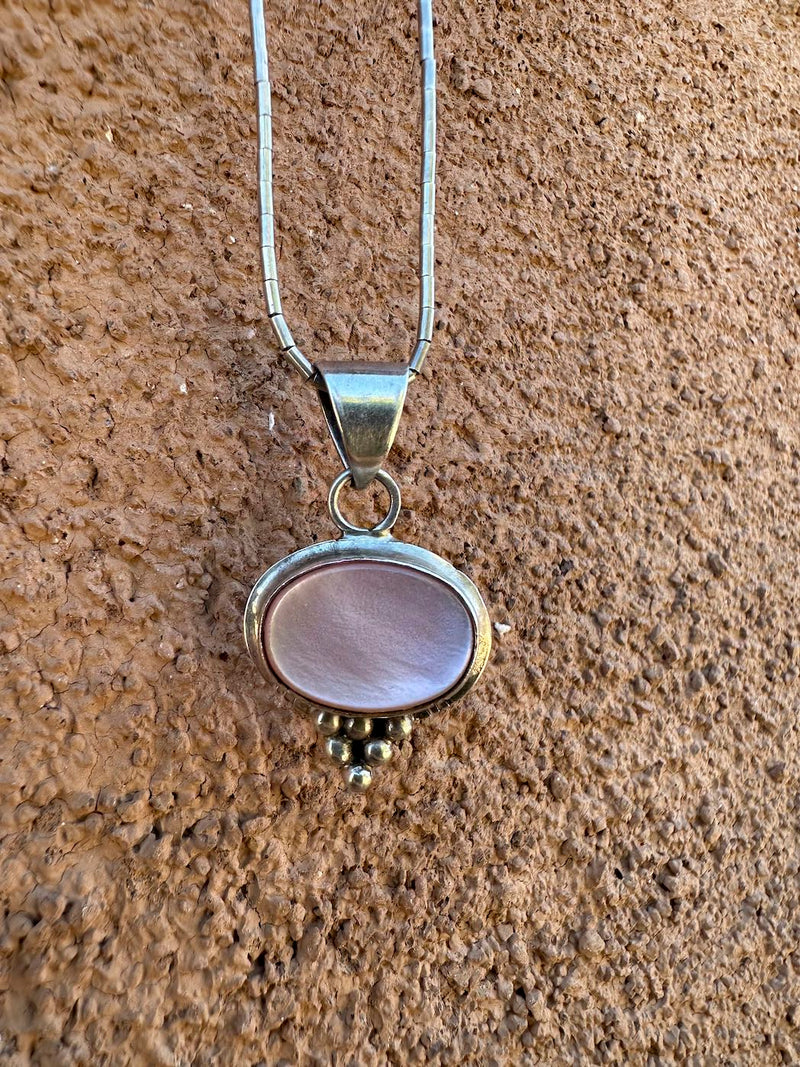 Pink Mother of Pearl Cabochon Sterling Silver Necklace