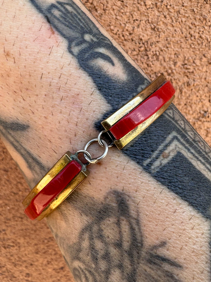 Ned Nez Oxblood Coral, Sterling Silver and Brass Bracelet