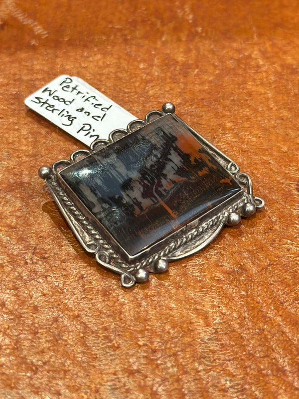 Petrified Wood & Sterling Silver Pin - Diné