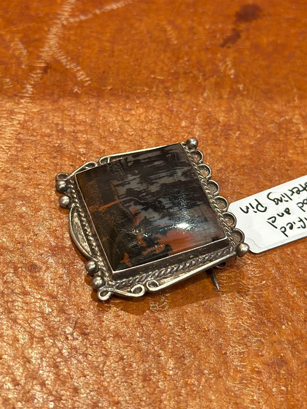 Petrified Wood & Sterling Silver Pin - Diné
