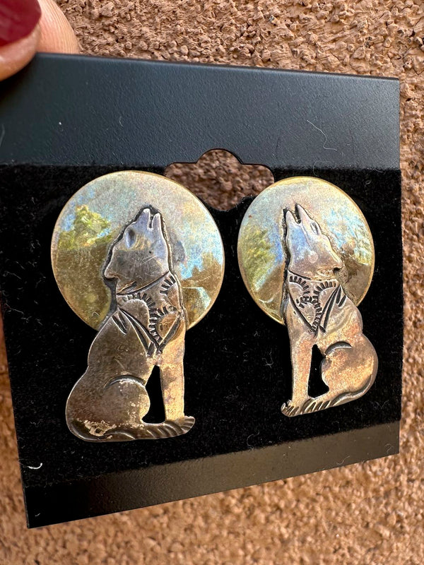 Brass and Sterling Silver Howling Coyotes Earrings