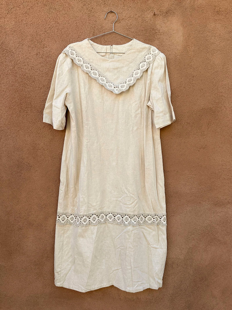 Beige Cotton Canvas Dress with Knit Detail