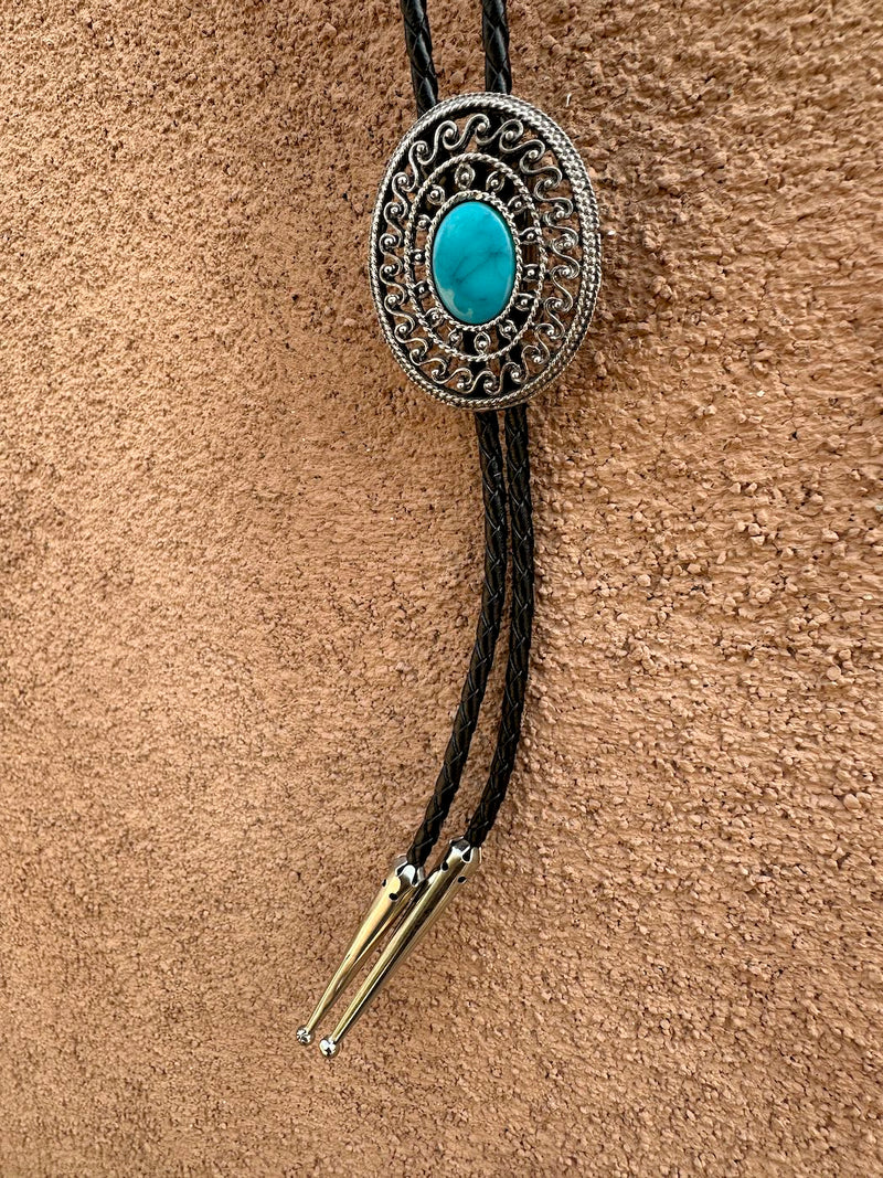 Oval Wave Bolo Tie with Faux Turquoise