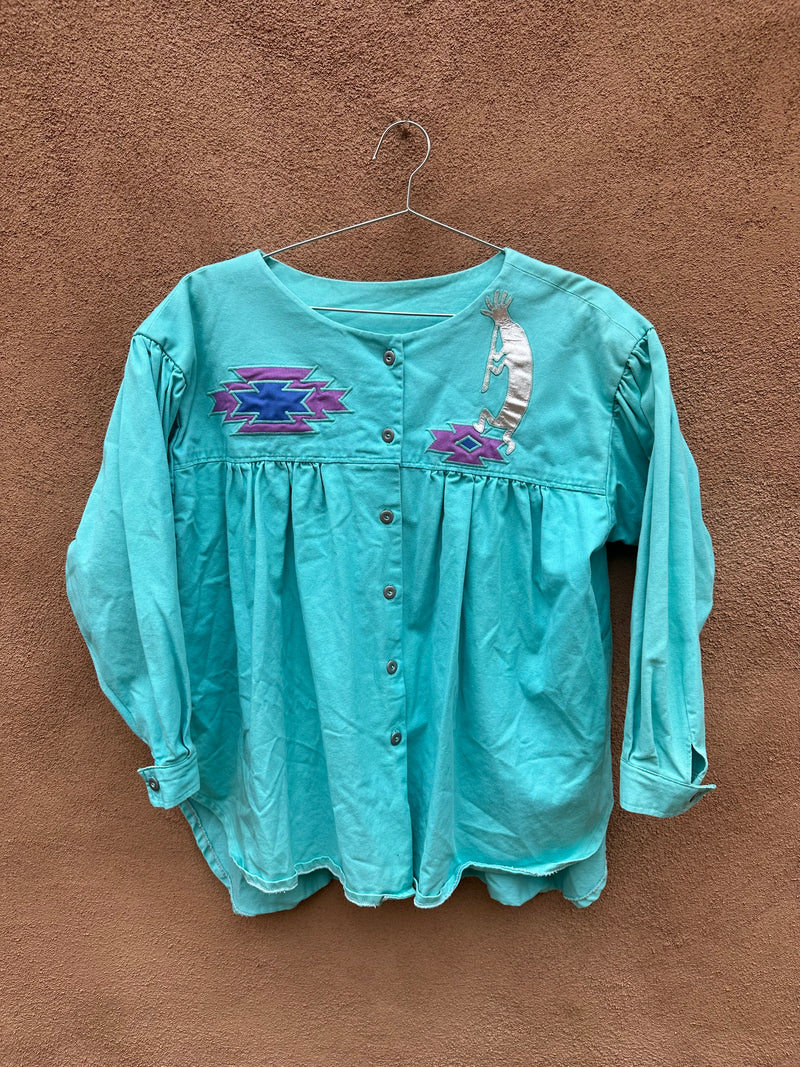 Seafoam Blue Southwest Top with Kokopelli - XL