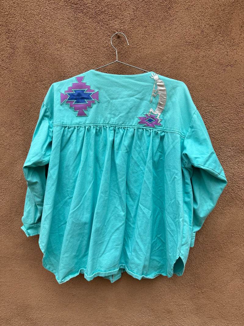 Seafoam Blue Southwest Top with Kokopelli - XL