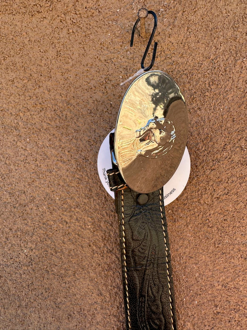 Black Tooled Leather Belt with Horse